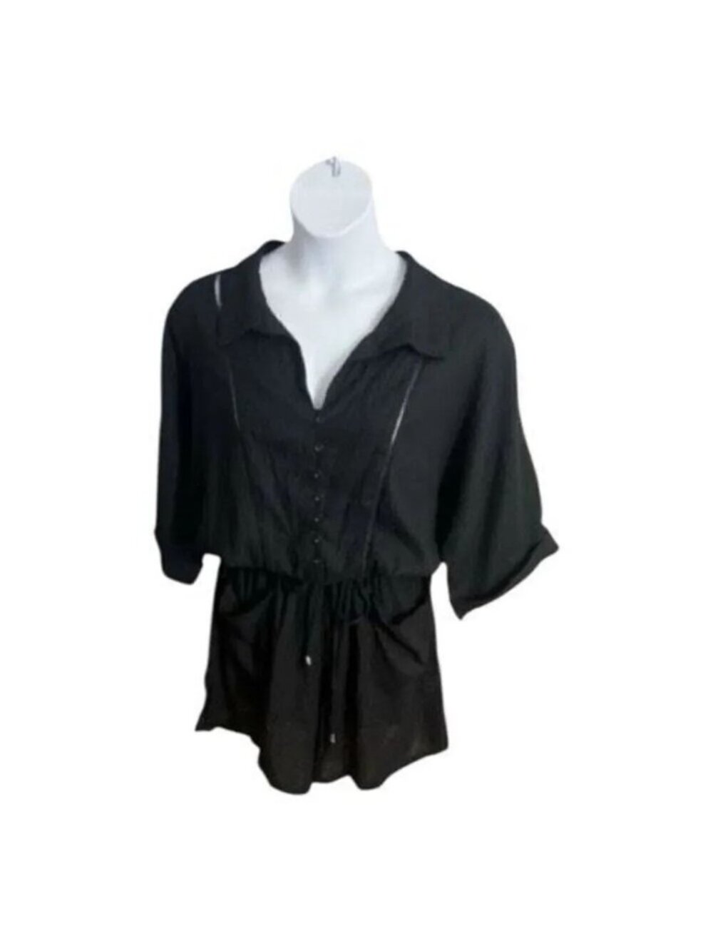 Black Linen Button Up Romper Plus Size 2X Tie Waist Short Sleeve Pockets Summer
